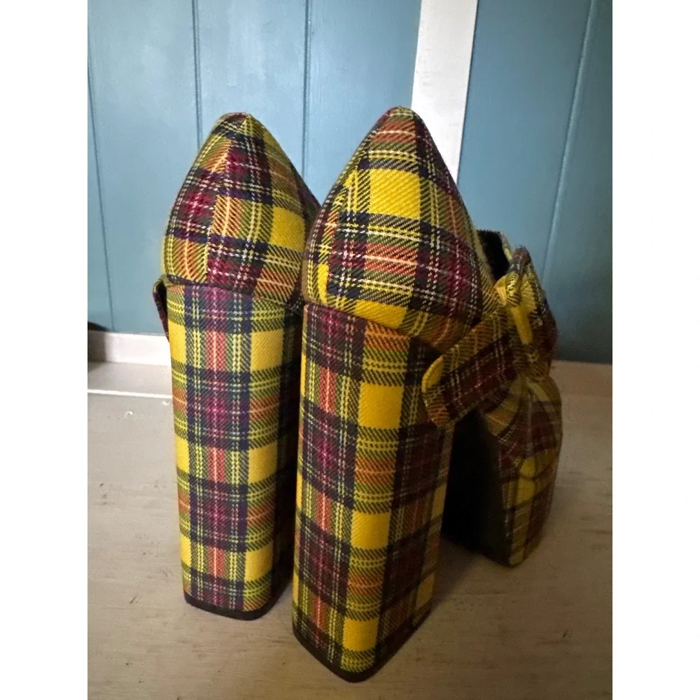 Bamboo Charlie-02 Yellow Plaid Platform Mary Jane Chunky Block Heel Pumps Size 7